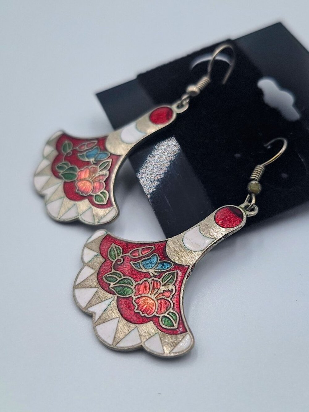 Vintage Cloisonne Pink Floral Dangle Fan Earrings